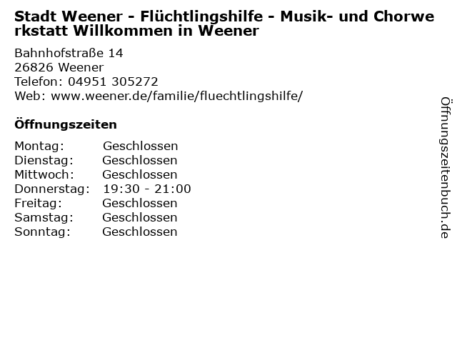 Stadt Weener - Flüchtlingshilfe - Musik- und Chorwerkstatt Willkommen in Weener in Weener: Adresse und Öffnungszeiten