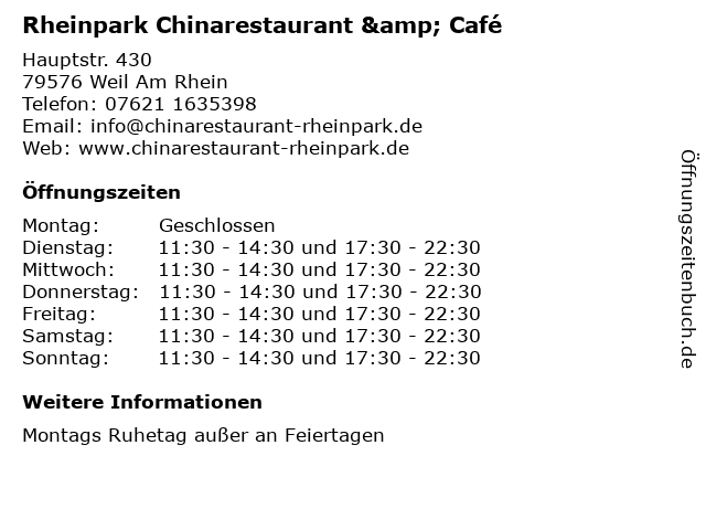 Rheinpark Chinarestaurant & Café in Weil Am Rhein: Adresse und Öffnungszeiten
