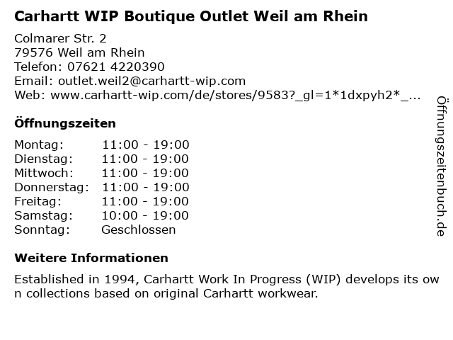 ᐅ Offnungszeiten Carhartt Wip Outlet Colmarer Strasse 2 In Weil Am Rhein