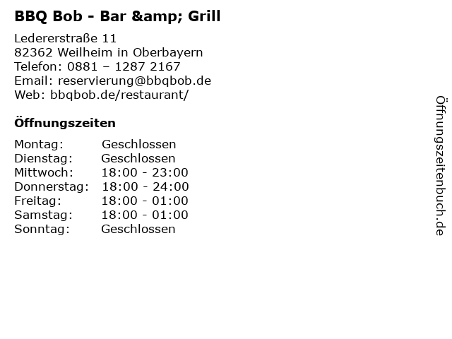 BBQ Bob - Bar & Grill in Weilheim in Oberbayern: Adresse und Öffnungszeiten