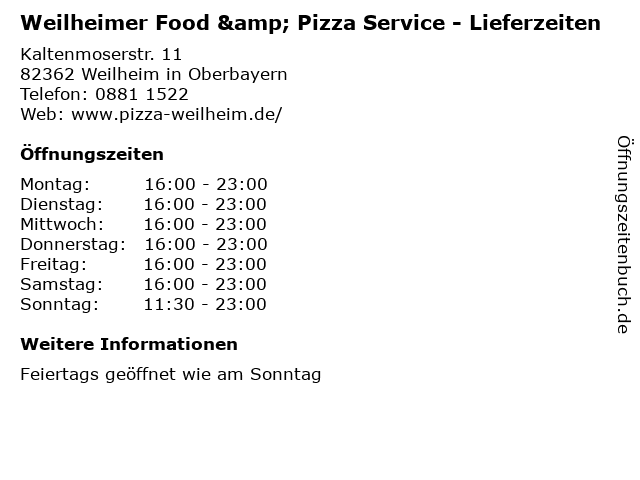 Weilheimer Food & Pizza Service - Lieferzeiten in Weilheim in Oberbayern: Adresse und Öffnungszeiten