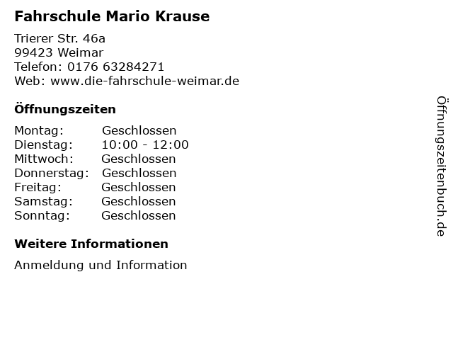 Fahrschule Mario Krause in Weimar: Adresse und Öffnungszeiten