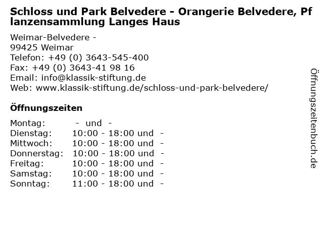 Schloss und Park Belvedere - Orangerie Belvedere, Pflanzensammlung Langes Haus in Weimar: Adresse und Öffnungszeiten