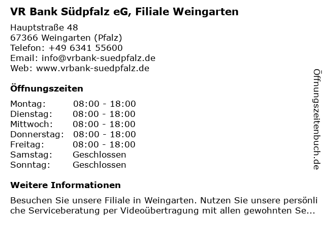 ᐅ Offnungszeiten Vr Bank Sudpfalz Eg Vr Sisy Filiale Weingarten