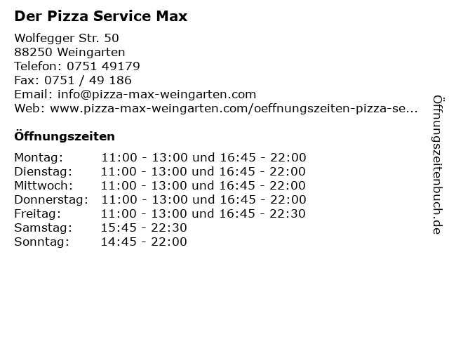 Der Pizza Service Max in Weingarten: Adresse und Öffnungszeiten