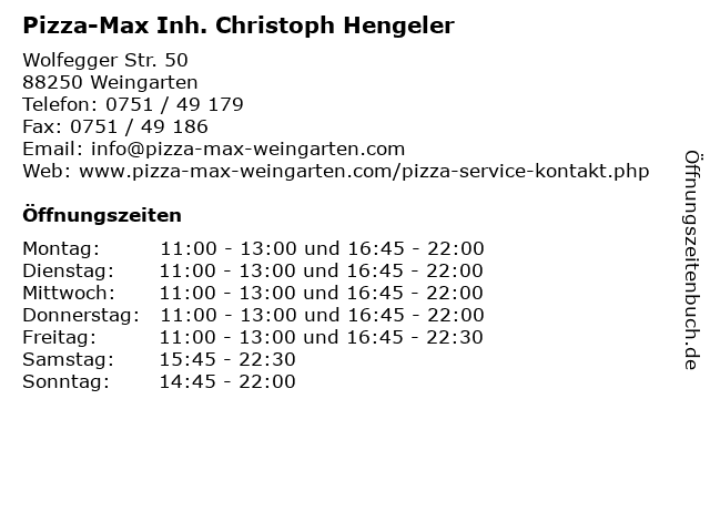 Pizza-Max Inh. Christoph Hengeler in Weingarten: Adresse und Öffnungszeiten