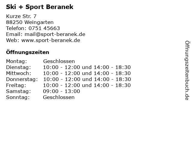 Ski + Sport Beranek in Weingarten: Adresse und Öffnungszeiten