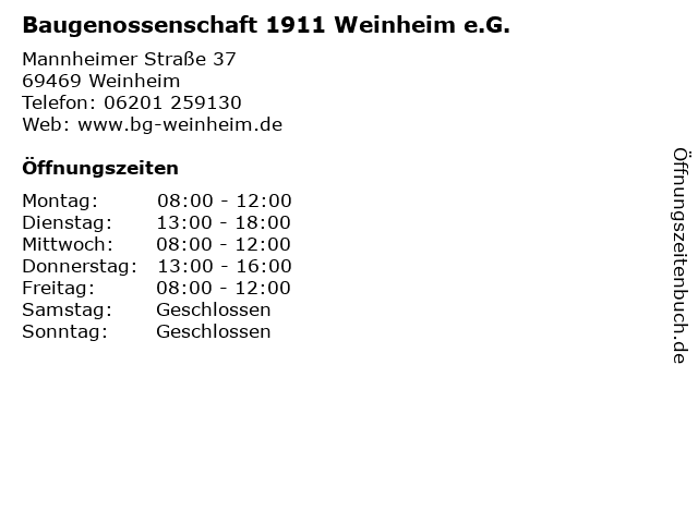 Baugenossenschaft 1911 Weinheim e.G. in Weinheim: Adresse und Öffnungszeiten