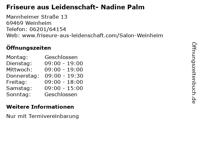 ᐅ Offnungszeiten Friseure Aus Leidenschaft Nadine Palm Mannheimer Strasse 13 In Weinheim