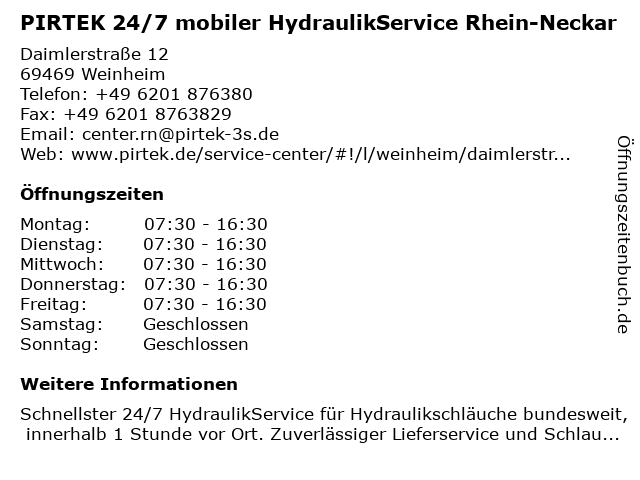 PIRTEK 24/7 mobiler HydraulikService Rhein-Neckar in Weinheim: Adresse und Öffnungszeiten