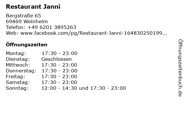 Restaurant Janni in Weinheim: Adresse und Öffnungszeiten