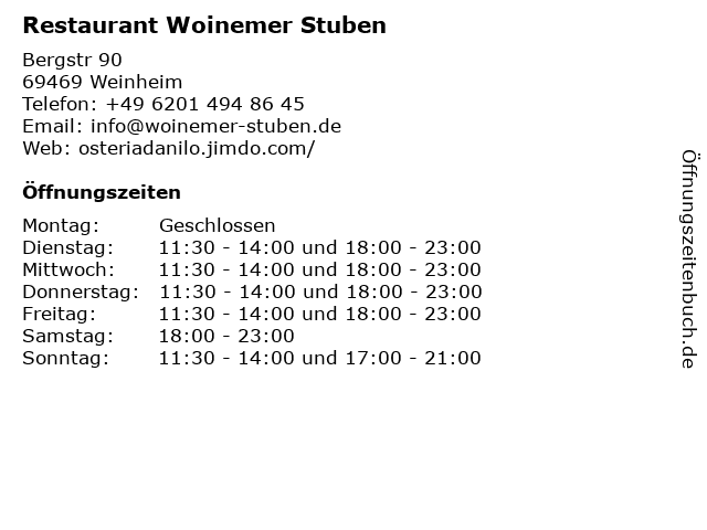 Restaurant Woinemer Stuben in Weinheim: Adresse und Öffnungszeiten