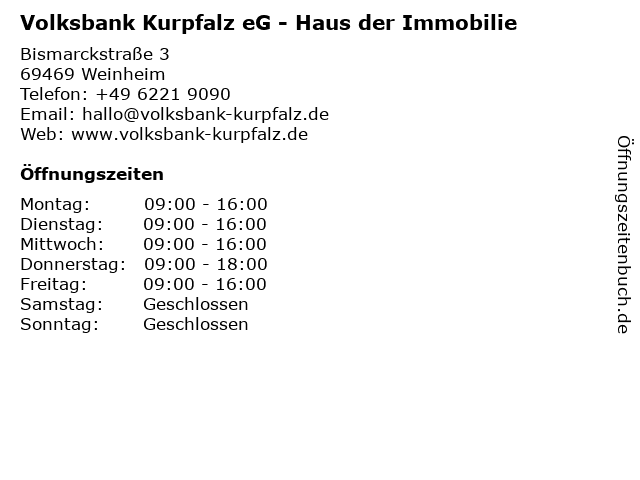 Volksbank Kurpfalz eG - Haus der Immobilie in Weinheim: Adresse und Öffnungszeiten