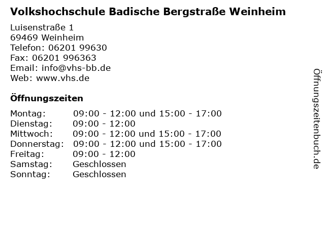 Volkshochschule Badische Bergstraße Weinheim in Weinheim: Adresse und Öffnungszeiten