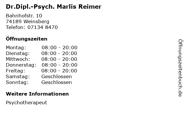 Dr.Dipl.-Psych. Marlis Reimer in Weinsberg: Adresse und Öffnungszeiten