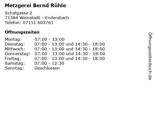 Metzgerei Bernd Rühle in Weinstadt - Endersbach: Adresse und Öffnungszeiten