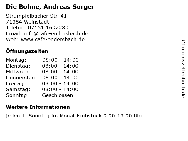 Die Bohne, Andreas Sorger in Weinstadt: Adresse und Öffnungszeiten