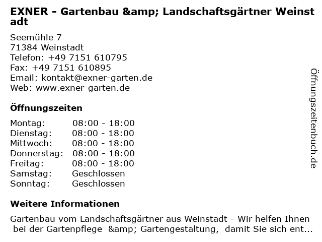 EXNER - Landschaftsgärtner & Gartenbau in Weinstadt in Weinstadt: Adresse und Öffnungszeiten
