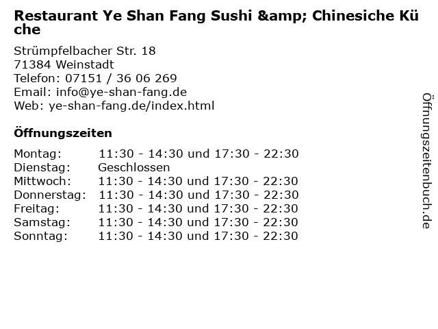 Restaurant Ye Shan Fang Sushi & Chinesiche Küche in Weinstadt: Adresse und Öffnungszeiten