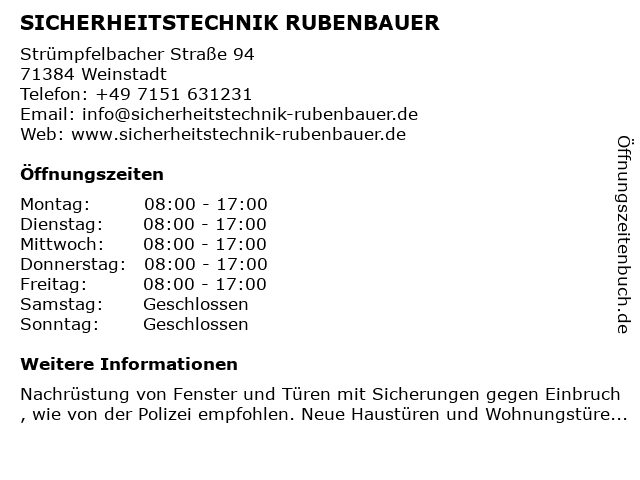 SICHERHEITSTECHNIK RUBENBAUER für Fenster + Türen in Weinstadt: Adresse und Öffnungszeiten