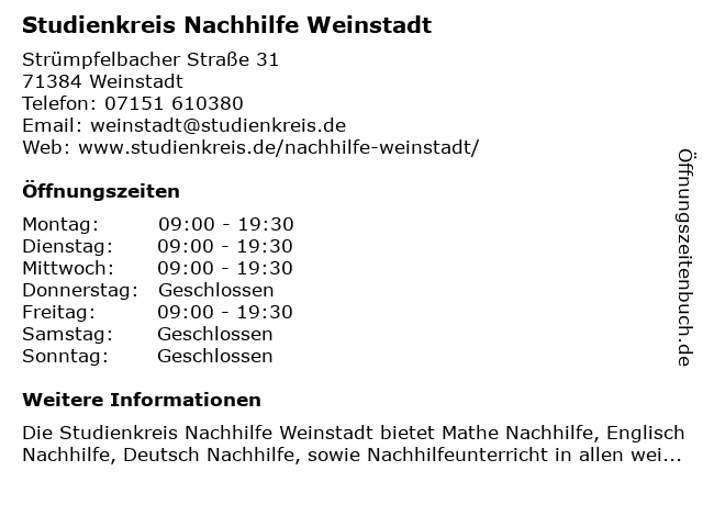Studienkreis Nachhilfe Weinstadt in Weinstadt: Adresse und Öffnungszeiten