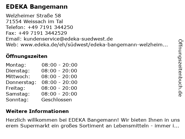 EDEKA Bangemann in Weissach im Tal: Adresse und Öffnungszeiten