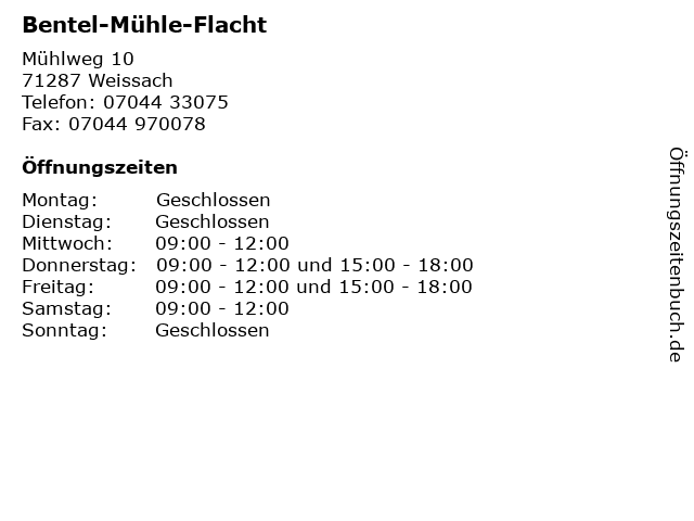 Bentel-Mühle-Flacht in Weissach: Adresse und Öffnungszeiten