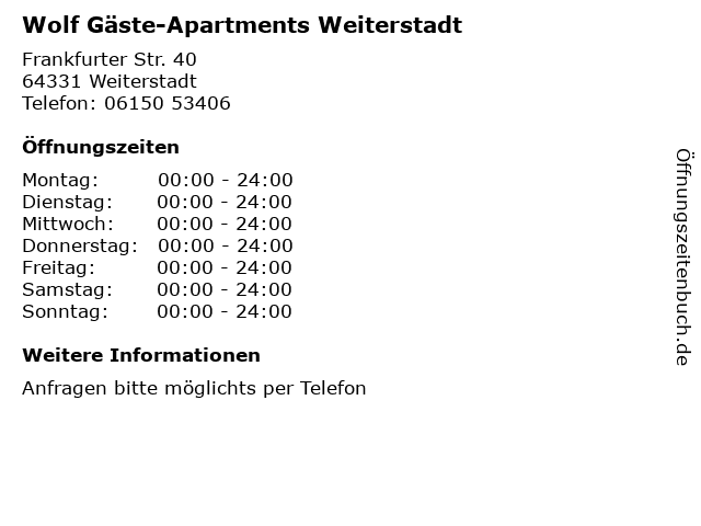 Wolf Gäste-Apartments Weiterstadt in Weiterstadt: Adresse und Öffnungszeiten