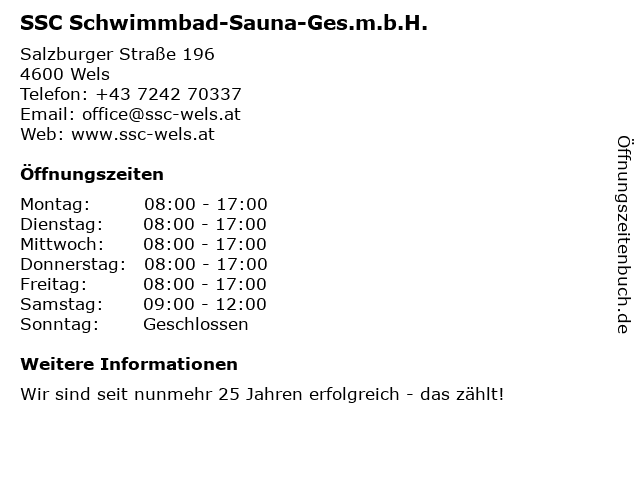 SSC Schwimmbad-Sauna-Ges.m.b.H. in Wels: Adresse und Öffnungszeiten