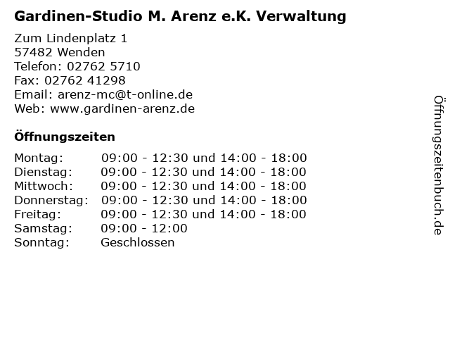 Gardinen-Studio M. Arenz e.K. Verwaltung in Wenden: Adresse und Öffnungszeiten