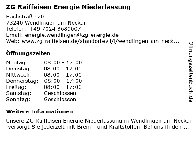 ZG Raiffeisen Energie Niederlassung in Wendlingen am Neckar: Adresse und Öffnungszeiten
