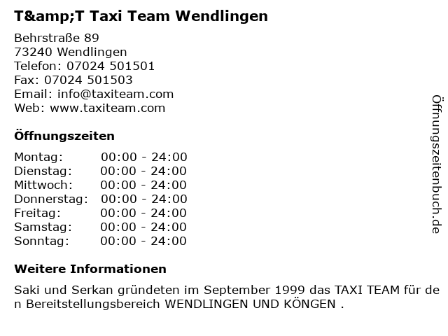 T&T Taxi Team Wendlingen in Wendlingen: Adresse und Öffnungszeiten