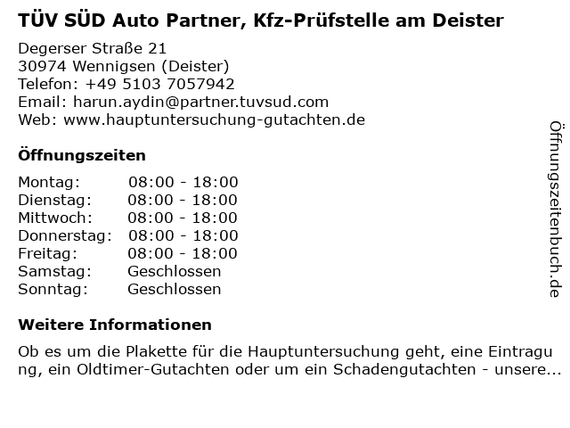 TÜV SÜD Auto Partner, Kfz-Prüfstelle am Deister in Wennigsen (Deister): Adresse und Öffnungszeiten
