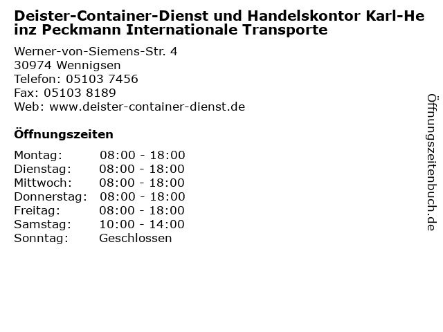 Deister-Container-Dienst und Handelskontor Karl-Heinz Peckmann Internationale Transporte in Wennigsen: Adresse und Öffnungszeiten