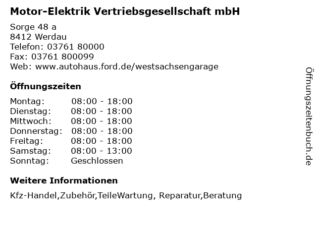 Motor-Elektrik Vertriebsgesellschaft mbH in Werdau: Adresse und Öffnungszeiten