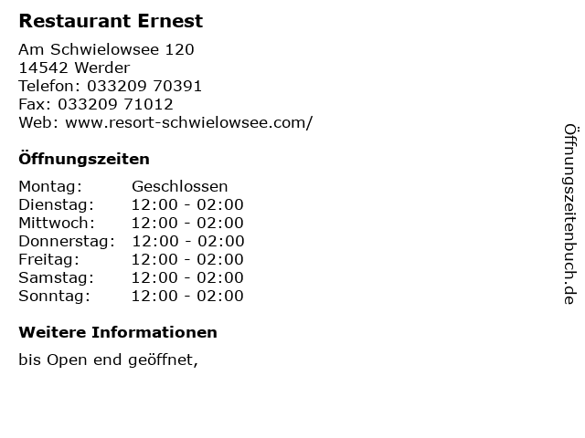 Restaurant Ernest in Werder: Adresse und Öffnungszeiten