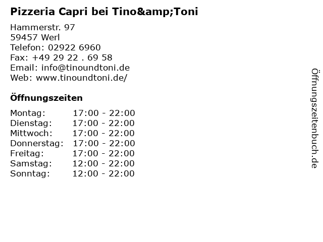 Pizzeria Capri bei Tino&Toni in Werl: Adresse und Öffnungszeiten