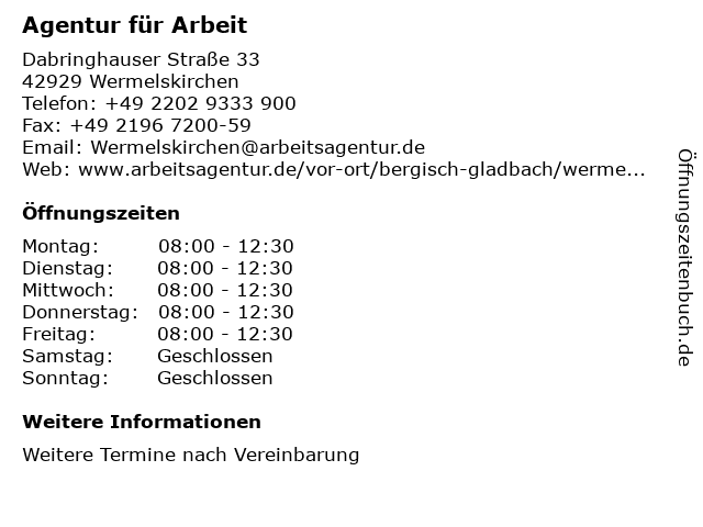 Agentur für Arbeit in Wermelskirchen: Adresse und Öffnungszeiten