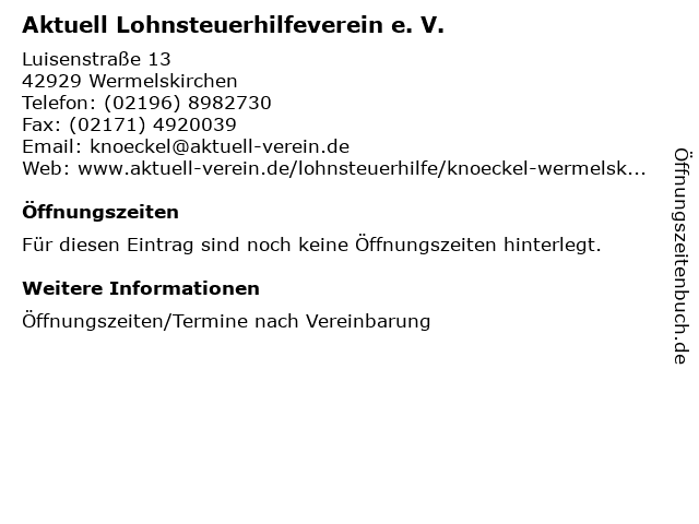 Aktuell Lohnsteuerhilfeverein e. V. in Wermelskirchen: Adresse und Öffnungszeiten