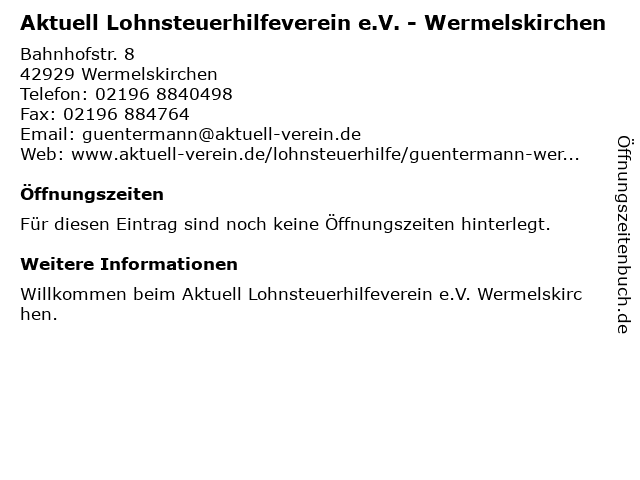 Aktuell Lohnsteuerhilfeverein e.V. - Wermelskirchen in Wermelskirchen: Adresse und Öffnungszeiten