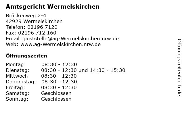Amtsgericht Wermelskirchen in Wermelskirchen: Adresse und Öffnungszeiten