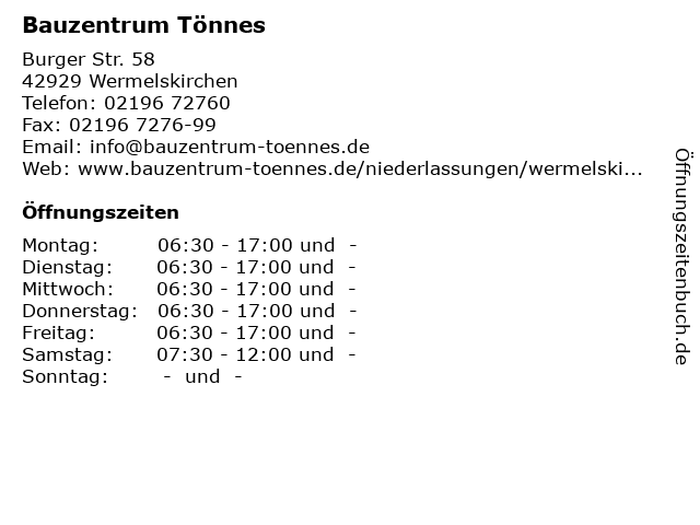 Bauzentrum Tönnes in Wermelskirchen: Adresse und Öffnungszeiten