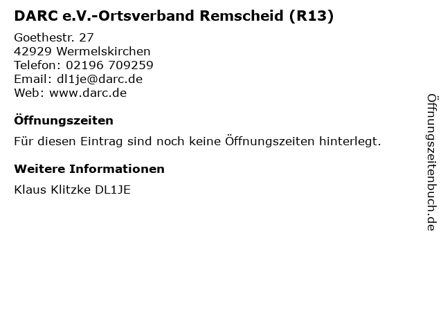 DARC e.V.-Ortsverband Remscheid (R13) in Wermelskirchen: Adresse und Öffnungszeiten