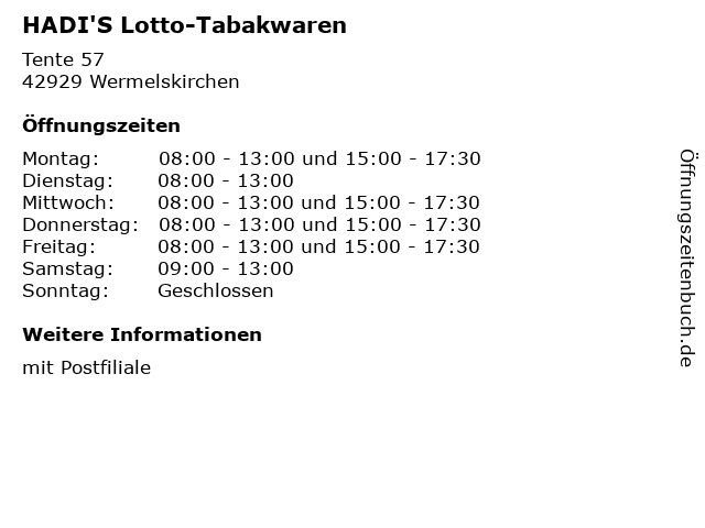 HADI'S Lotto-Tabakwaren in Wermelskirchen: Adresse und Öffnungszeiten