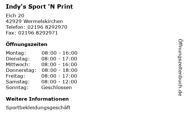 Indy's Sport 'N Print in Wermelskirchen: Adresse und Öffnungszeiten