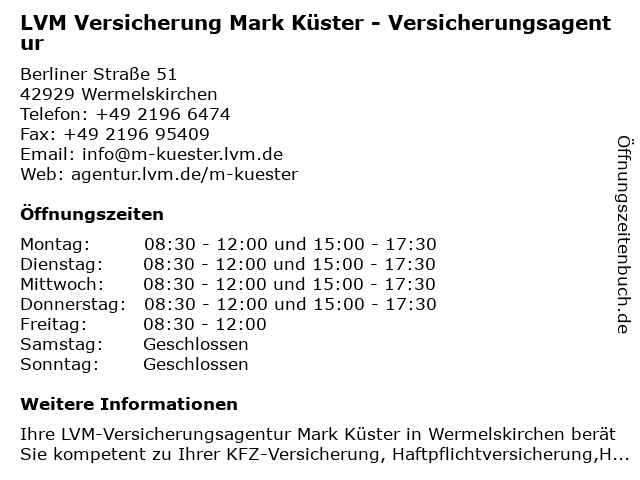 LVM Versicherung Mark Küster - Versicherungsagentur in Wermelskirchen: Adresse und Öffnungszeiten