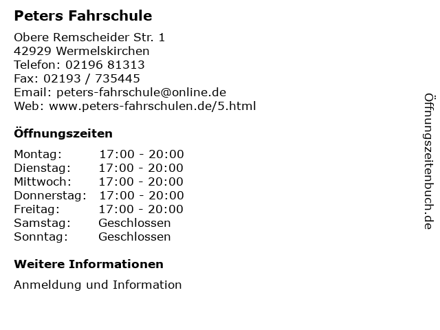 Peters Fahrschule in Wermelskirchen: Adresse und Öffnungszeiten