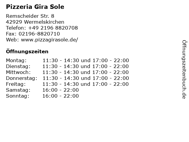 Pizzeria Gira Sole in Wermelskirchen: Adresse und Öffnungszeiten