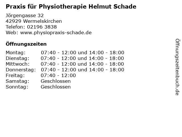 Praxis für Physiotherapie Helmut Schade in Wermelskirchen: Adresse und Öffnungszeiten
