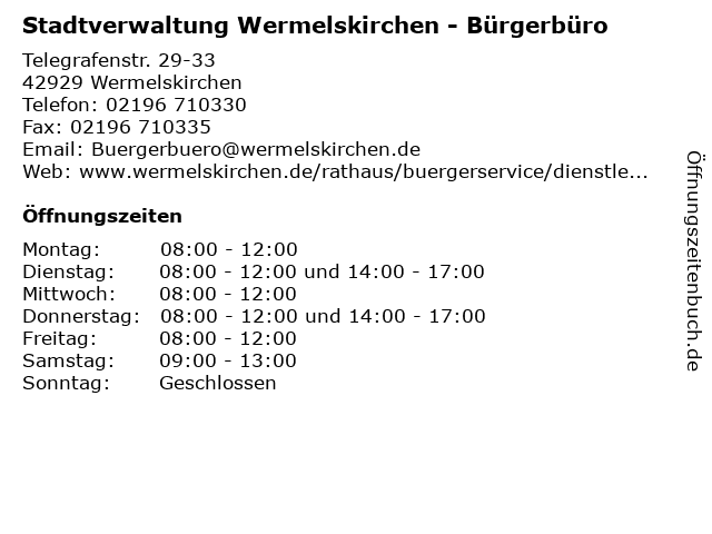 Stadtverwaltung Wermelskirchen - Bürgerbüro in Wermelskirchen: Adresse und Öffnungszeiten